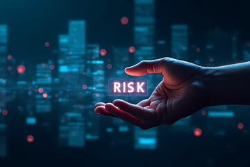 A hand presents a glowing 'RISK' hologram over a futuristic cityscape, representing risk management in a digital world.
