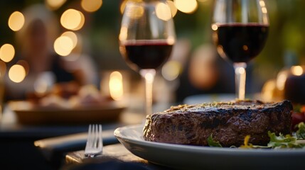 Romantic steak dinner under soft lights celebrating a special occasion with loved ones and fine red
