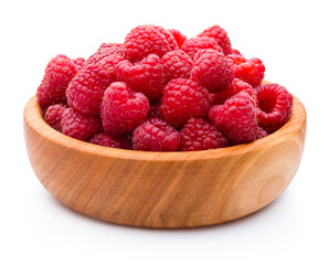 Ripe raspberries in wooden bowl isolated on white background