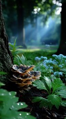 Natural beauty showcases mushrooms by a tree in a sunlit forest with blooming flowers and shafts of light filtering through the trees