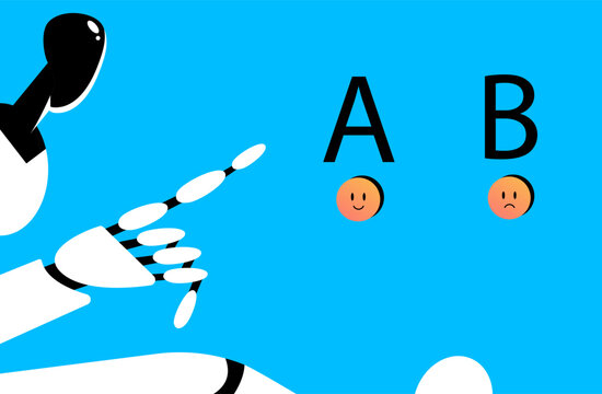 AB testing or split testing of mobile application or program. Test in digital marketing, data visualization and app optimization concept with AI Robot. Flat vector illustration.