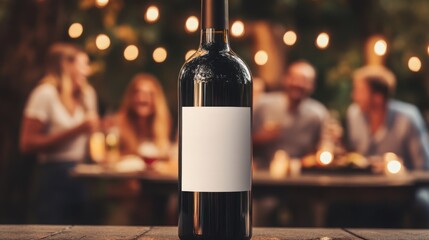 A bottle of red wine sharing laughter and stories among friends under twinkling lights in a warm