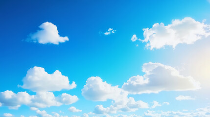 Blue sky with white fluffy clouds scattered across clear summer day background. Summer season and weather concept. Image for banner, poster, wallpaper, background with copy space
