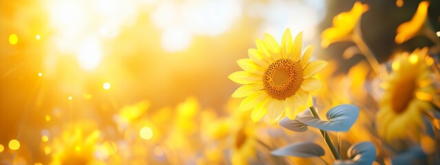 Fototapeta premium Bright yellow sunflower against golden bokeh background with warm sunlight. Summer flower and nature concept. Image for banner, poster, greeting card and seasonal advertising with copy space