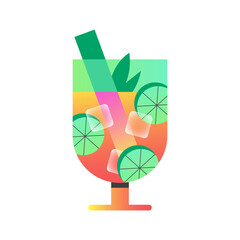 Glass of exotic tropical summer drink with lime and ice cubes for beach bar menu. Summer alcoholic beverage. Flat vector illustration isolated on white background.