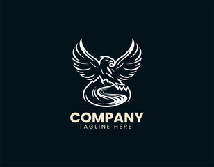 Fototapeta premium Mountain scenery with soaring eagle in minimalist vector logo concept for adventure and nature identity