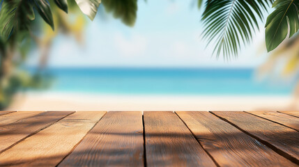 Wooden deck table surface with palm tree leaves and tropical beach ocean background. Product display mockup. Summer vacation and tropical paradise concept. Image for product showcase, banner, poster