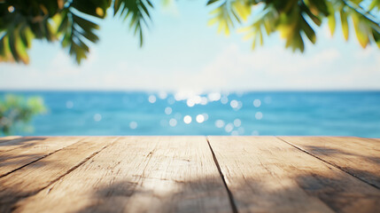 Fototapeta premium Wooden deck table surface with palm tree leaves and tropical beach ocean background. Product display mockup. Summer vacation and tropical paradise concept. Image for product showcase, banner, poster