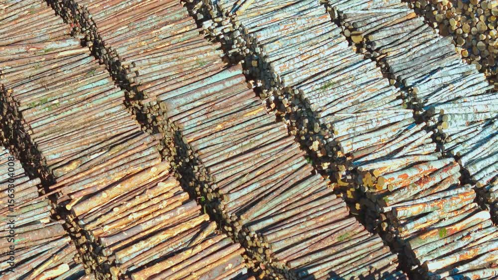 Leinwandbilder countless timber logs sorted neatly by size and color in parallel rows at a large lumber yard, highl