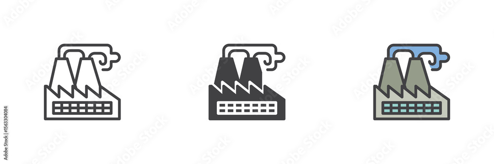 Poster factory building icon set in line, solid and filled outline style