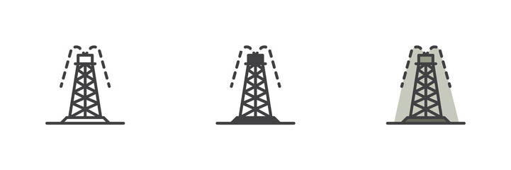 Oil rig tower icon set in line, solid and filled outline style