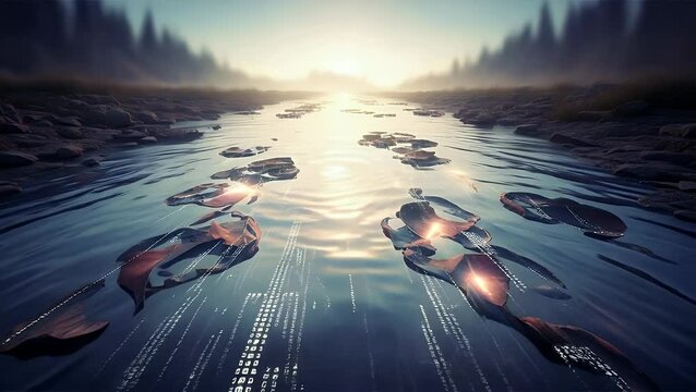 Futuristic river with submerged digital data and glowing pods