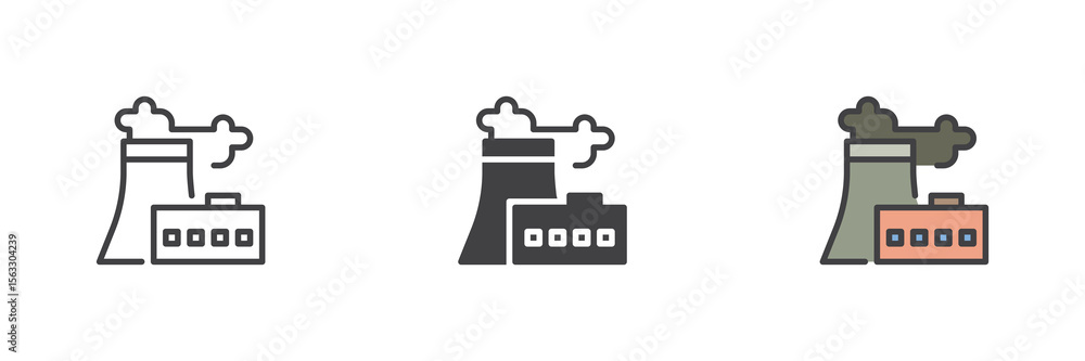 Poster factory building icon set in line, solid and filled outline style