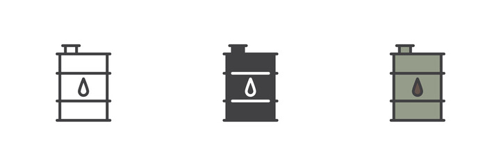 Oil barrel icon set in line, solid and filled outline style