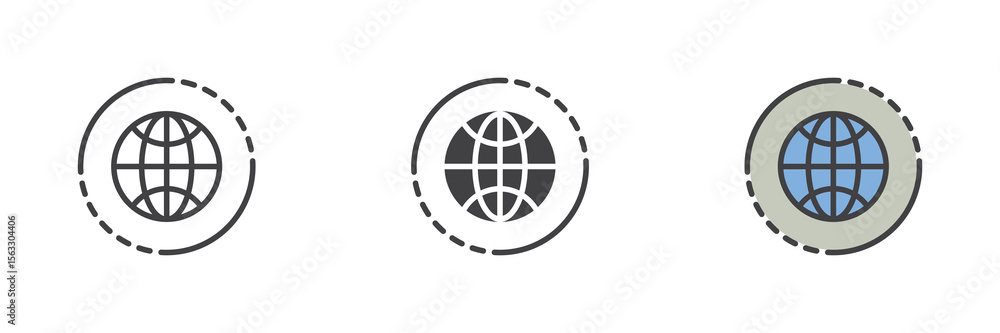 Poster globe internet icon set in line, solid and filled outline style