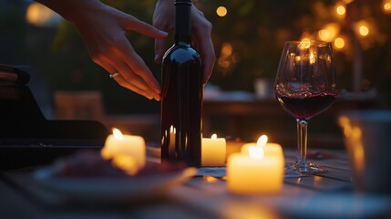Preparing for a romantic evening with wine by candlelight under the soft warm glow of bokeh lights