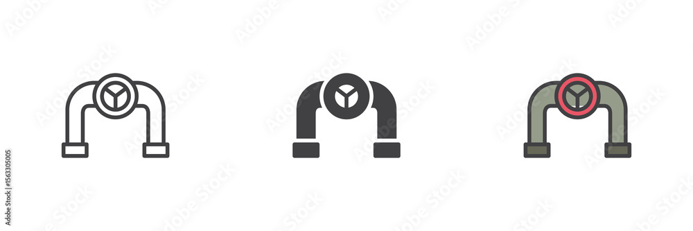 Poster pipeline valve segment icon set in line, solid and filled outline style