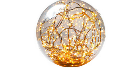 Clear glass sphere filled with warm white led fairy lights isolated on transparent background