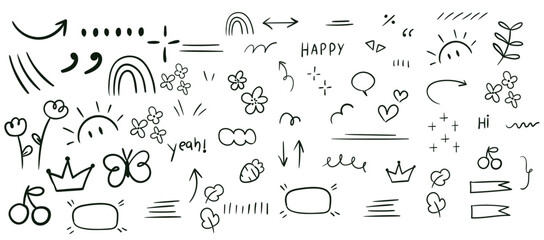 Doodles arrows flowers sun crown hearts clouds and text all in black ink