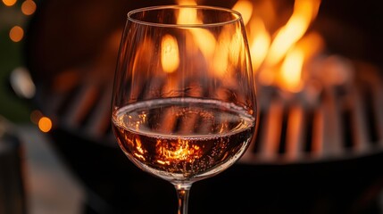 A crisp glass of ros reflects the warmth of summer grilling embracing cozy vibes with grill flames