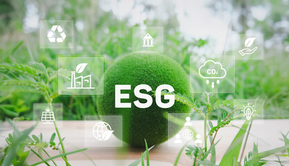 World with save planet icon, ESG environment social governance investment, sustainable and ethical business concept, Network connection, Green Business Initiatives, Green earth day