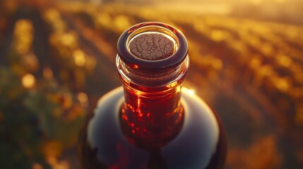 The promise of a fine vintage A bottle awaits uncorking basking in the vineyard s golden twilight