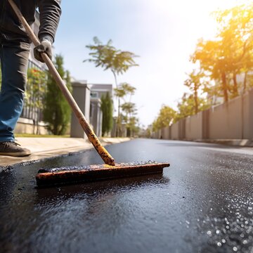 Vibrant photo of person sealing driveway with squeegee applicator tool in sunny day. Driveway asphalt sealcoating protects pavement, prevents fractures. Maintenance worker.