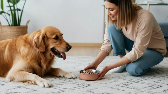 Caucasian woman feeds happy Golden Retriever indoors