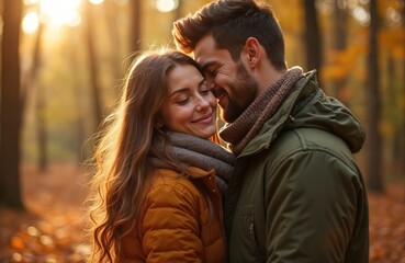 Fototapeta premium Young couple hugs in autumn forest. Romantic relationship, love, nature, fall season. Happy man, woman enjoy outdoor walk. Warm sunlight creates cozy mood.