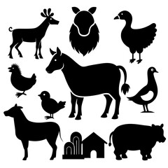 A set of black silhouette icons featuring various farm animals