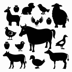 A set of black silhouette icons featuring various farm animals