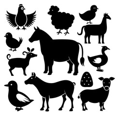 A set of black silhouette icons featuring various farm animals