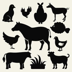 A set of black silhouette icons featuring various farm animals