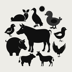 A set of black silhouette icons featuring various farm animals