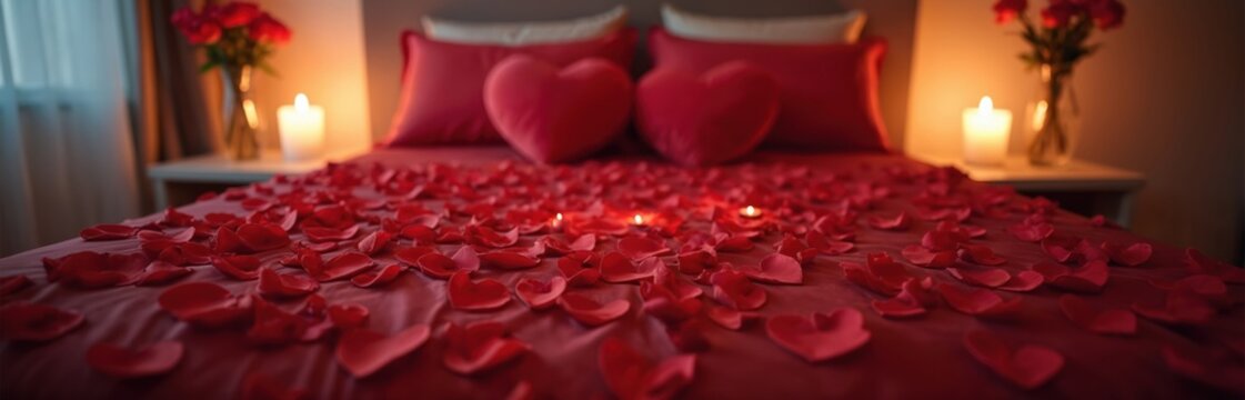 Luxurious bed, red satin sheets, covered rose petals. Heart-shaped pillows, soft candlelight create romantic mood. Valentine night, spa hotel, romantic date. Perfect for relaxation, rest. - Powered by Adobe