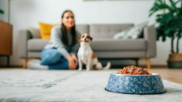 Woman indoors with small dog and full food bowl on floor
