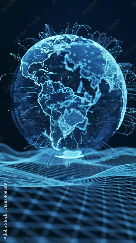 Poster highly detailed, translucent sapphire blue digital globe with luminous data points slowly rotates, h
