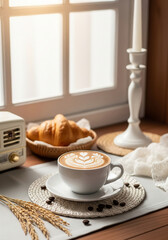 Cup of latte art with croissant