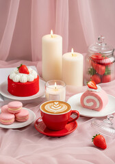 Cup of latte art with cake strawberry