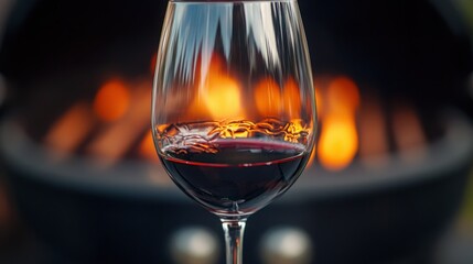 An elegant glass of red wine reflecting firelight creating a warm celebratory atmosphere with bokeh