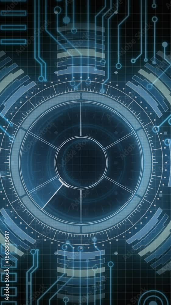 Poster animation of circular scanner processing data on interface over motherboard on black background