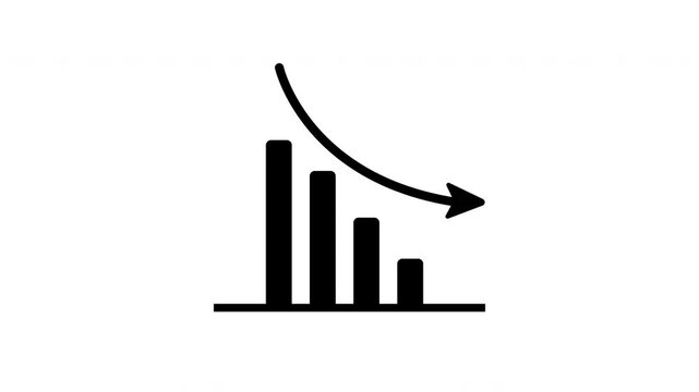 Rising  and bars graphic animation with down  arrow black color on a white background. Grow graph business concept. Chart animation for business presentations. alpha channel only 4k