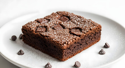 Rich Chocolate Brownie with Chocolate Chips and Powdered Sugar