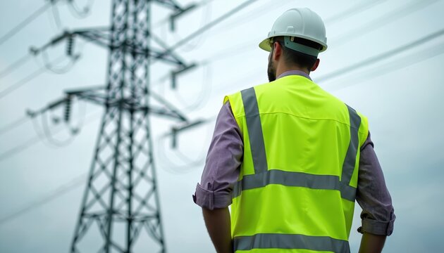 Male engineer, telecom company employee, stands before high voltage power lines cell tower. Pro in safety vest helmet inspects power grid, ensuring energy distribution. Electrical, construction,