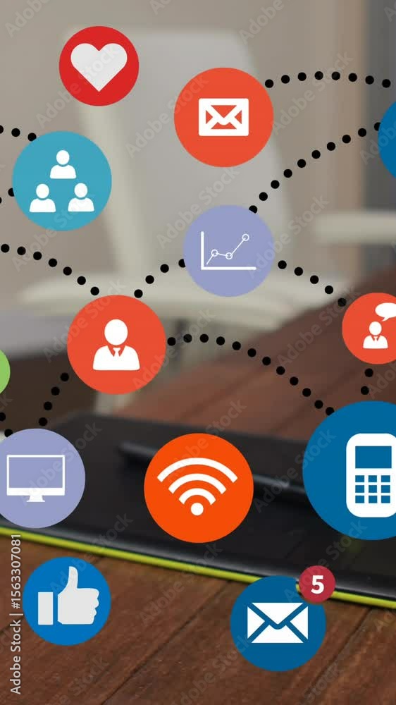 Poster Animation of network of icons and data processing over laptop