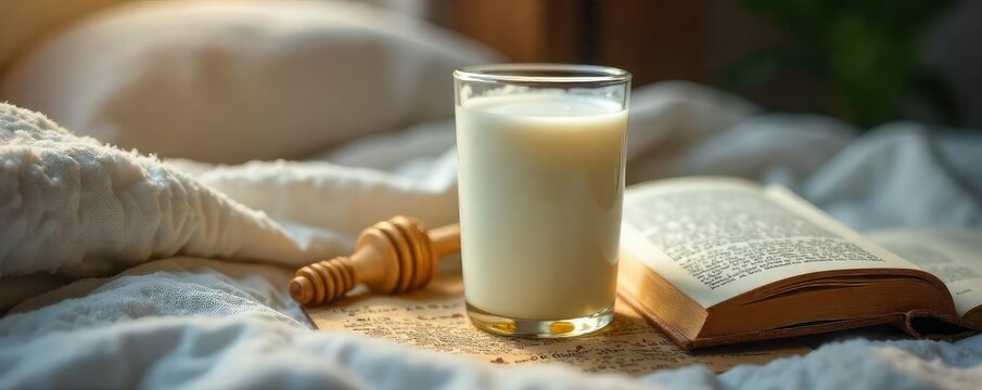A glass of warm milk with honey and chamomile tea sits on a nightstand beside a book, ready for a relaxing bedtime ritual Perfect for promoting sleep and relaxation , calm, sleeplessness, healing