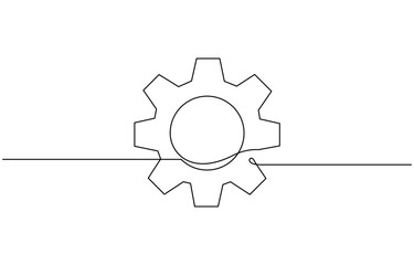 Single line drawing with one gear. One continuous line illustration of gear wheel, Continuous gear sketch icon, minimal mechanical outline, one stroke cogwheel, simple vector illustration