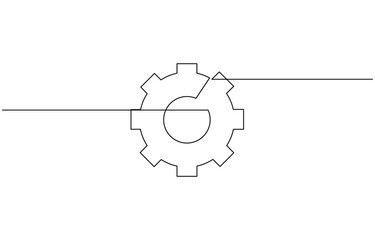 Single line drawing with one gear. One continuous line illustration of gear wheel, Continuous gear sketch icon, minimal mechanical outline, one stroke cogwheel, simple vector illustration