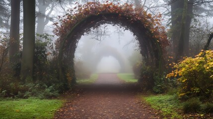 Archway in an enchanted fairy forest with a misty mood