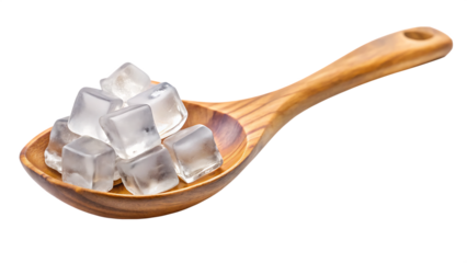 ice cubes in the wood spoon on isolated on white background PNG , AI GENERATED